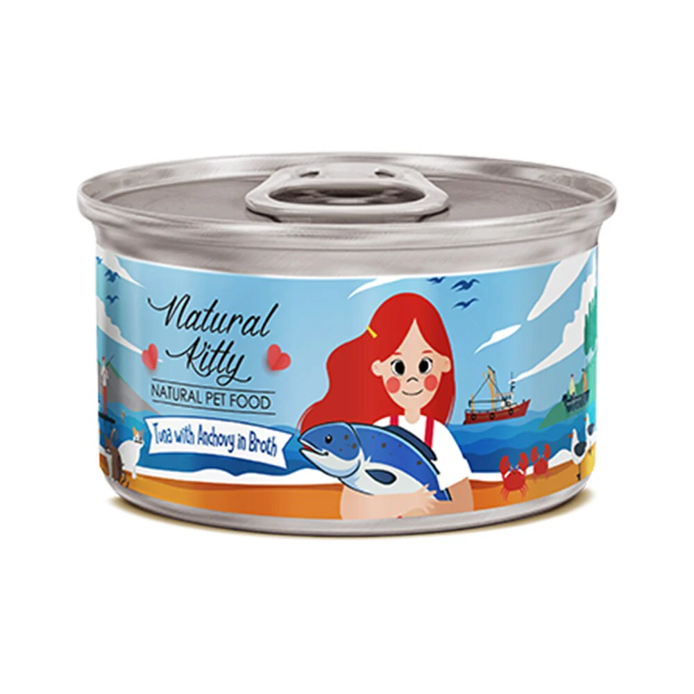 Natural Kitty Wet Food with Tuna & Anchovy in Broth for Adult Cats & Kittens