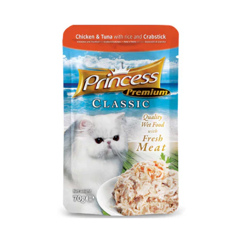 Princess Classic Chicken and Tuna with Rice and Crabstick Pouches for Adult Cats 70g