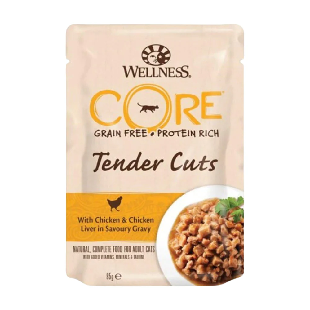 Wellness Core Tender Cuts Pouches with Chicken & Chicken Liver in Gravy for Adult Cats